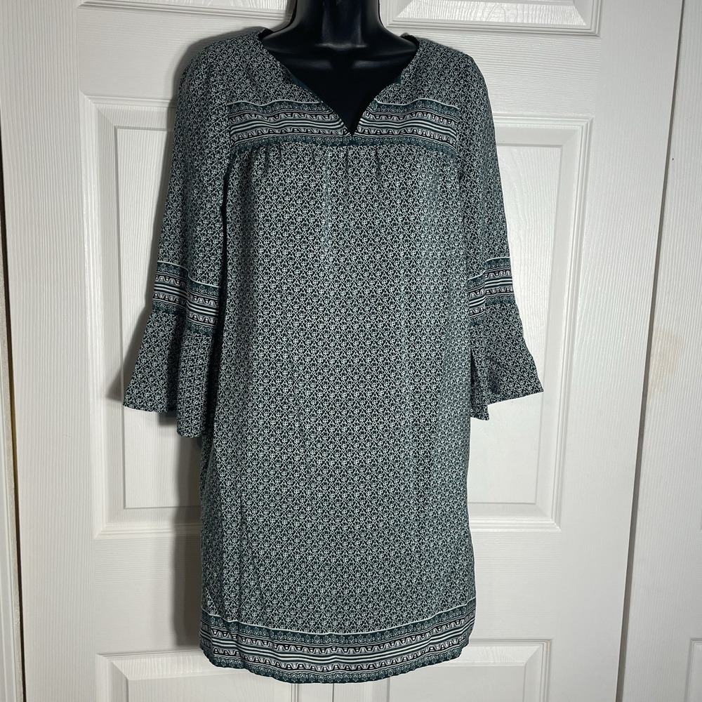 Madewell Starland Dress Women XS Green Bandana Floral 100% Silk Bell Sleeve Boho